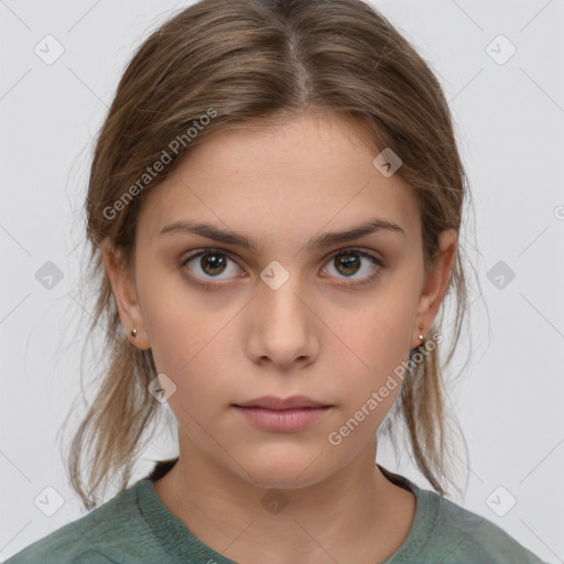 Neutral white young-adult female with medium  brown hair and brown eyes