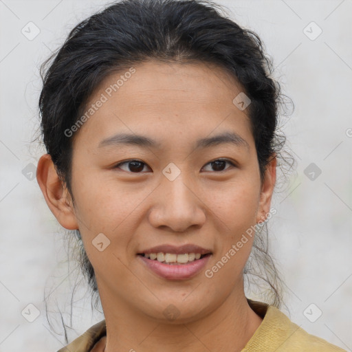 Joyful asian young-adult female with short  brown hair and brown eyes