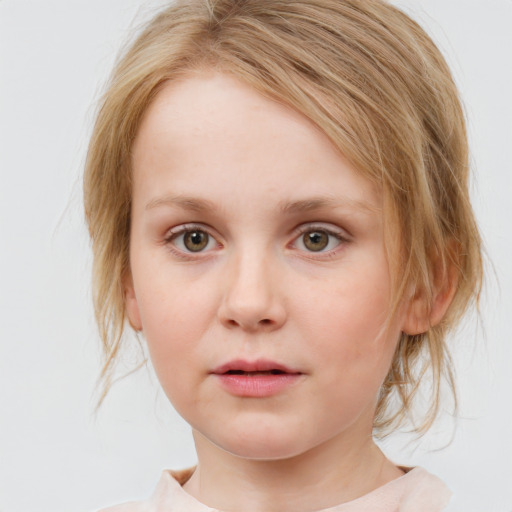 Neutral white child female with medium  brown hair and blue eyes