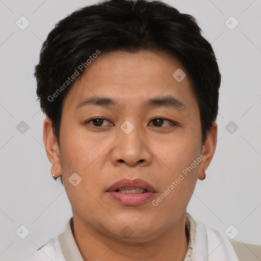 Joyful asian young-adult male with short  brown hair and brown eyes