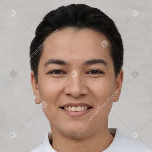 Joyful white young-adult male with short  black hair and brown eyes