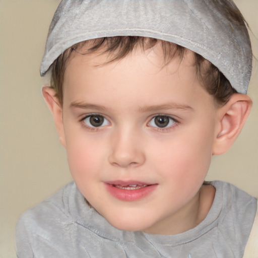 Joyful white child female with short  brown hair and brown eyes