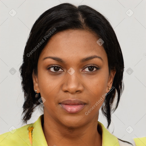 Joyful black young-adult female with medium  black hair and brown eyes