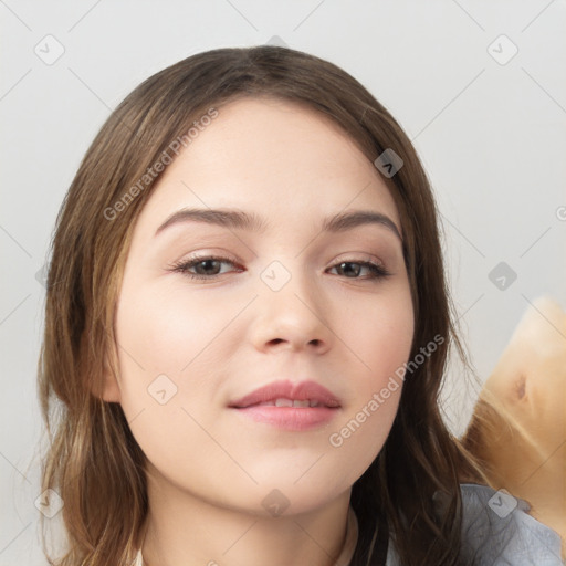 Neutral white young-adult female with medium  brown hair and brown eyes