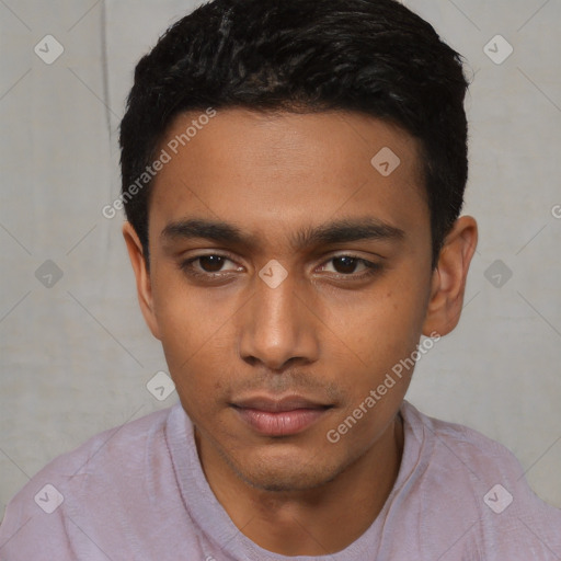 Neutral asian young-adult male with short  black hair and brown eyes