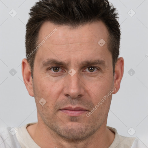 Neutral white adult male with short  brown hair and brown eyes