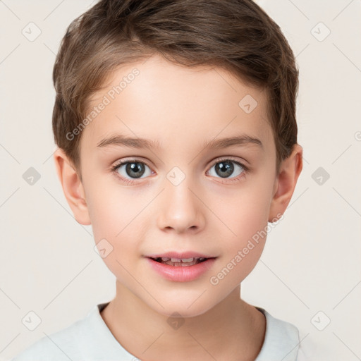 Joyful white child male with short  brown hair and brown eyes