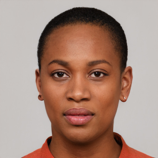 Neutral black young-adult female with short  black hair and brown eyes