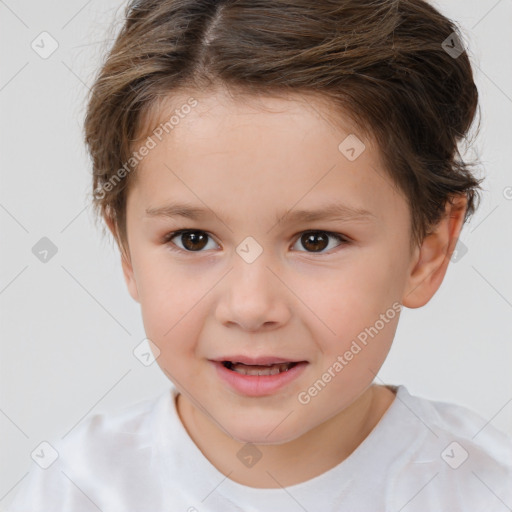 Joyful white child female with short  brown hair and brown eyes