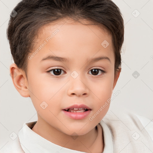 Joyful white child female with short  brown hair and brown eyes