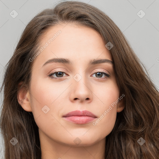 Neutral white young-adult female with long  brown hair and brown eyes