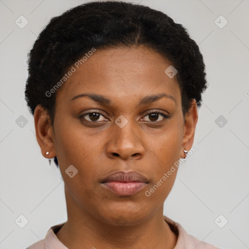 Neutral black young-adult female with short  brown hair and brown eyes