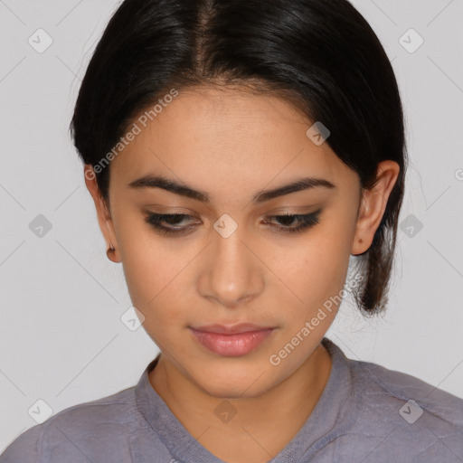 Joyful latino young-adult female with medium  brown hair and brown eyes