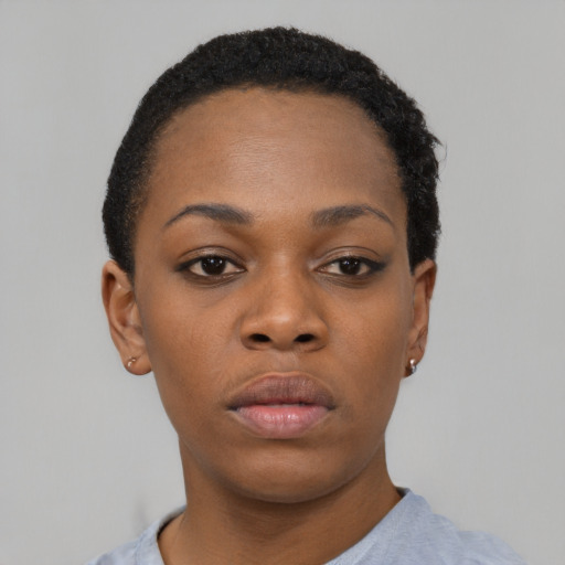 Neutral black young-adult female with short  black hair and brown eyes