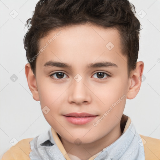 Joyful white child male with short  brown hair and brown eyes