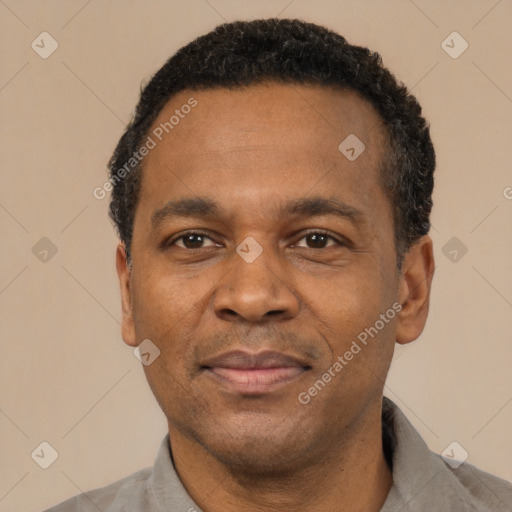 Neutral latino adult male with short  black hair and brown eyes