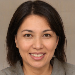 Joyful white adult female with medium  brown hair and brown eyes