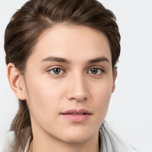 Neutral white young-adult female with medium  brown hair and brown eyes