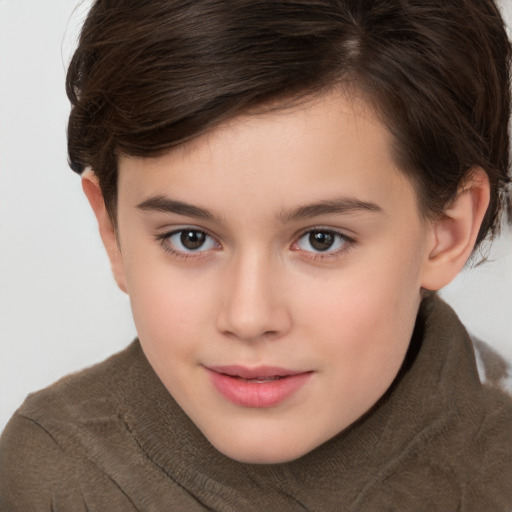 Joyful white child female with medium  brown hair and brown eyes