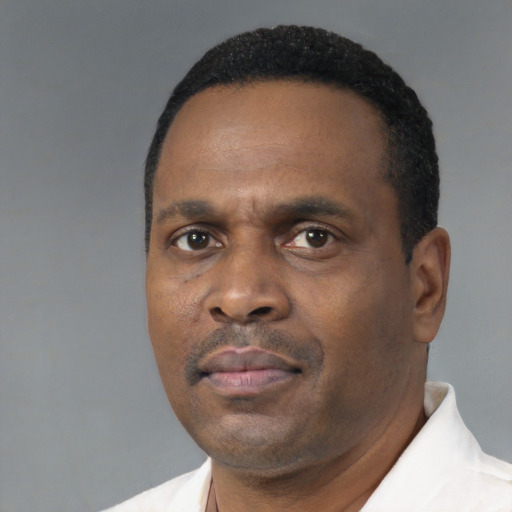 Neutral black adult male with short  black hair and brown eyes