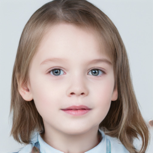 Neutral white child female with medium  brown hair and grey eyes