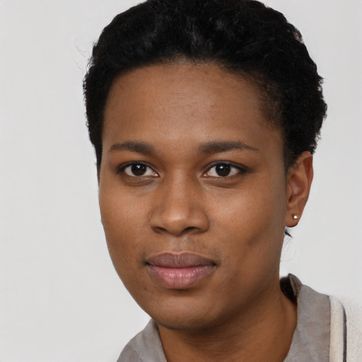 Neutral black young-adult female with short  black hair and brown eyes