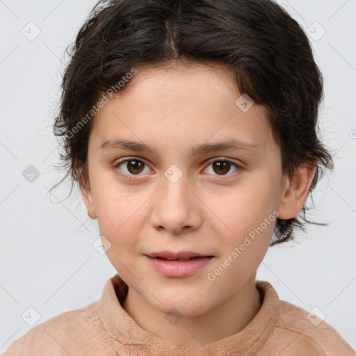 Joyful white child female with medium  brown hair and brown eyes