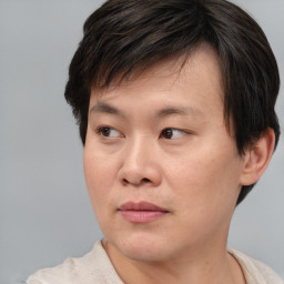 Neutral asian young-adult male with short  brown hair and brown eyes