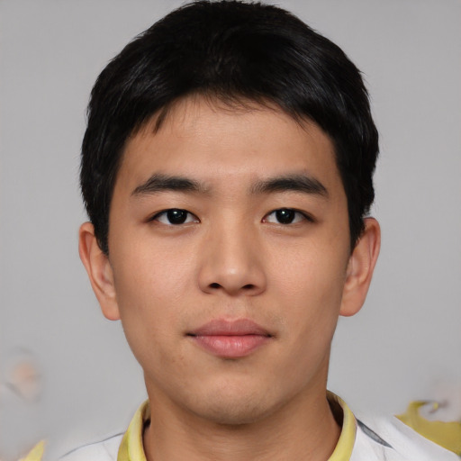 Neutral asian young-adult male with short  black hair and brown eyes