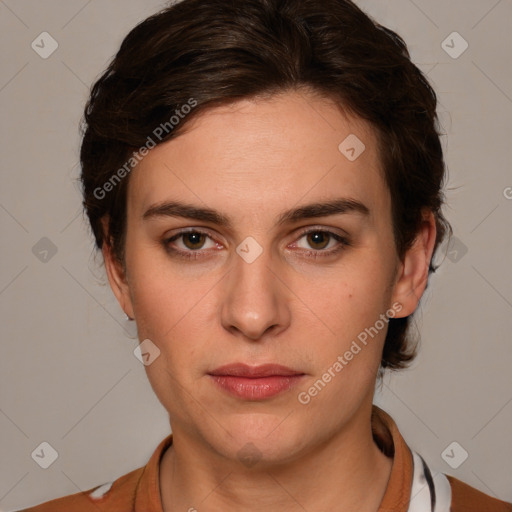 Neutral white young-adult female with medium  brown hair and brown eyes