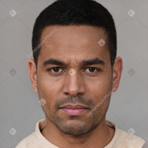 Neutral latino young-adult male with short  black hair and brown eyes