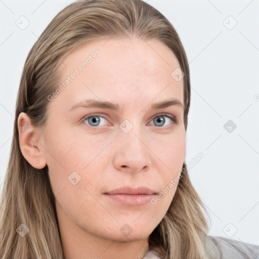 Neutral white young-adult female with long  brown hair and blue eyes