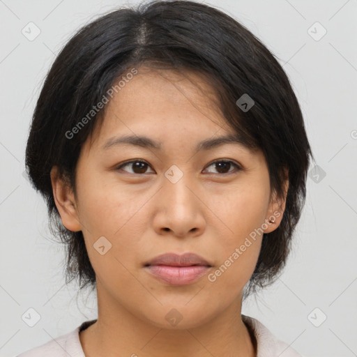 Neutral asian young-adult female with medium  brown hair and brown eyes