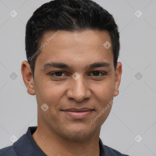 Joyful white young-adult male with short  black hair and brown eyes