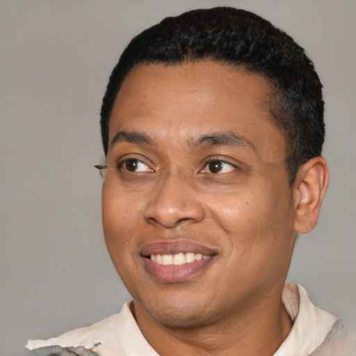 Joyful latino adult male with short  black hair and brown eyes
