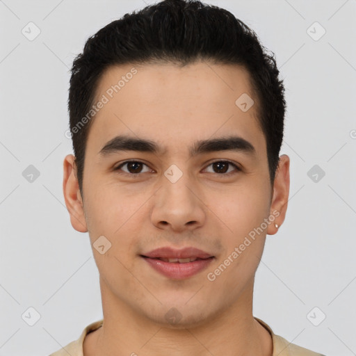 Joyful latino young-adult male with short  black hair and brown eyes