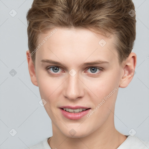 Joyful white young-adult female with short  brown hair and grey eyes