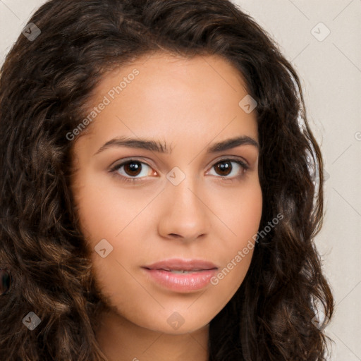 Neutral white young-adult female with long  brown hair and brown eyes