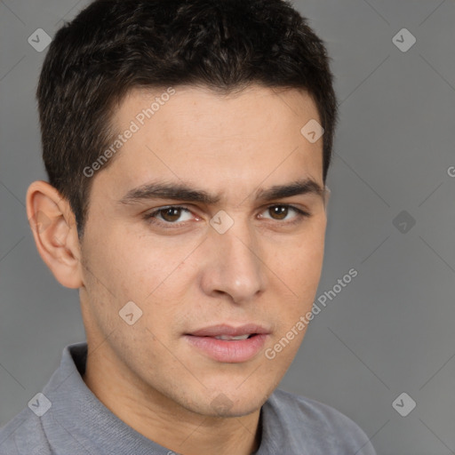 Neutral white young-adult male with short  brown hair and brown eyes