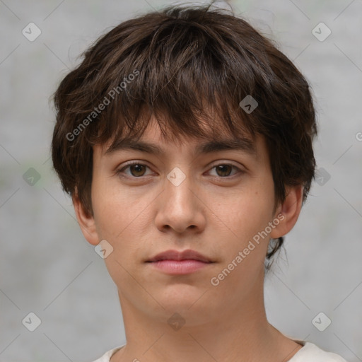 Neutral white young-adult female with short  brown hair and brown eyes