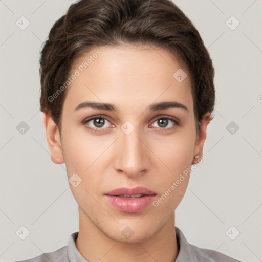 Neutral white young-adult female with short  brown hair and brown eyes