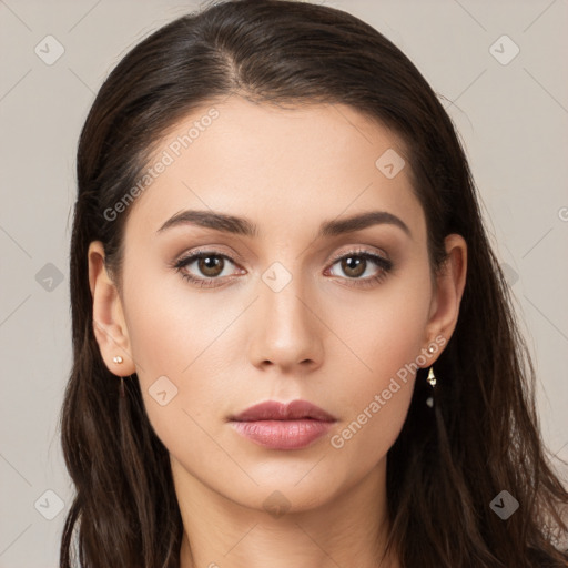 Neutral white young-adult female with long  brown hair and brown eyes