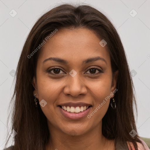 Joyful white young-adult female with long  brown hair and brown eyes