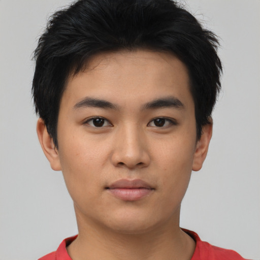 Neutral asian young-adult male with short  black hair and brown eyes