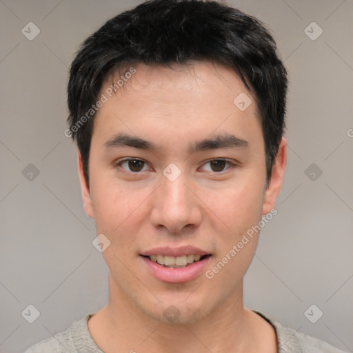 Joyful white young-adult male with short  black hair and brown eyes