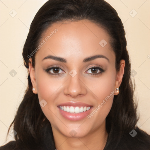 Joyful white young-adult female with long  brown hair and brown eyes