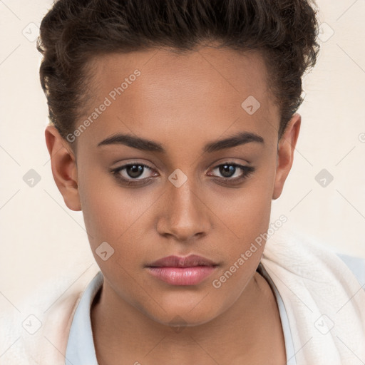 Neutral white young-adult female with short  brown hair and brown eyes