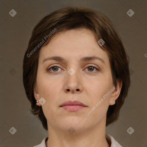 Neutral white young-adult female with short  brown hair and brown eyes