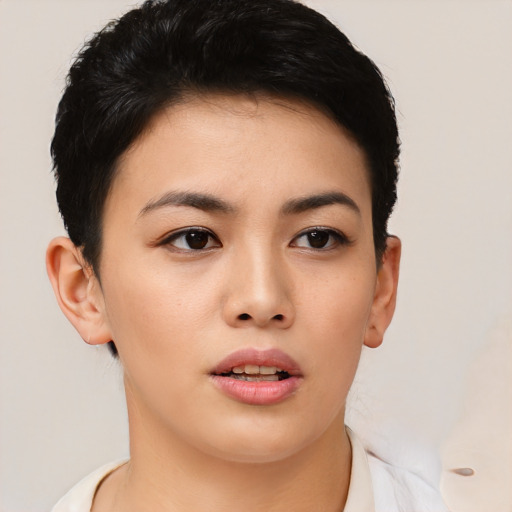 Neutral asian young-adult female with short  brown hair and brown eyes