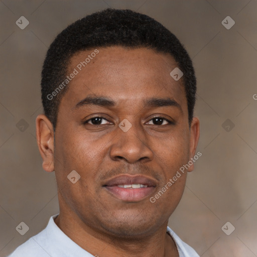 Joyful latino young-adult male with short  brown hair and brown eyes